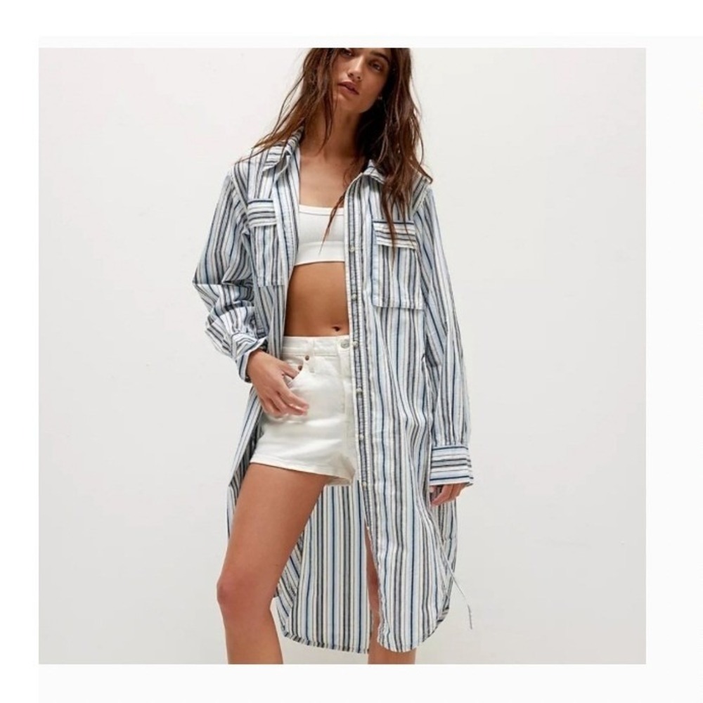 We The Free Free People Blue White Striped Midi Shirt Dress XS OB2222708